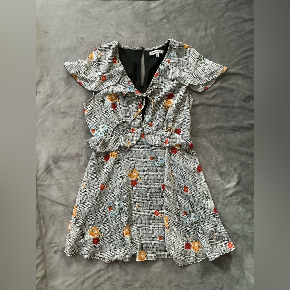 Floral Plaid Cottagecore Indie Short Sleeve Mini Tie Front Dress Spring